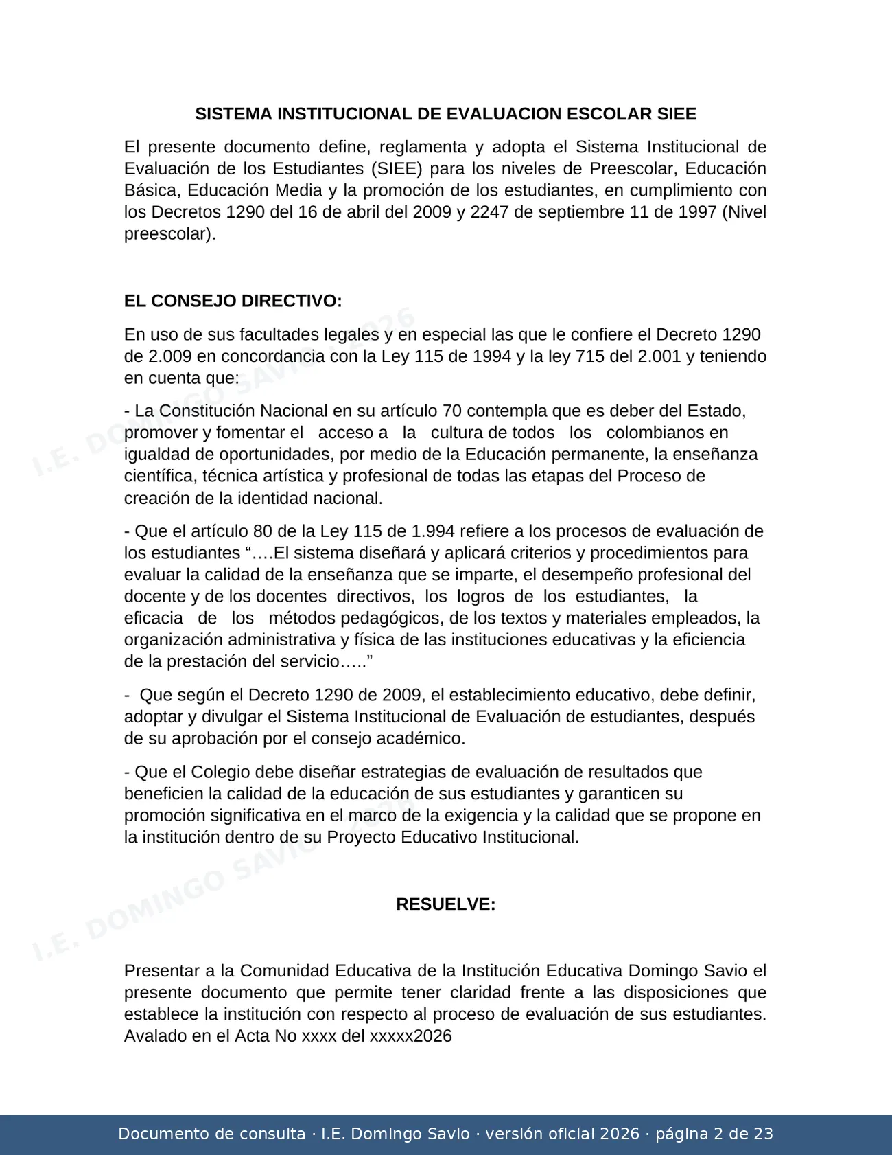SIEE — Sistema Institucional de Evaluación de los Estudiantes 2026 — página 2 de 23