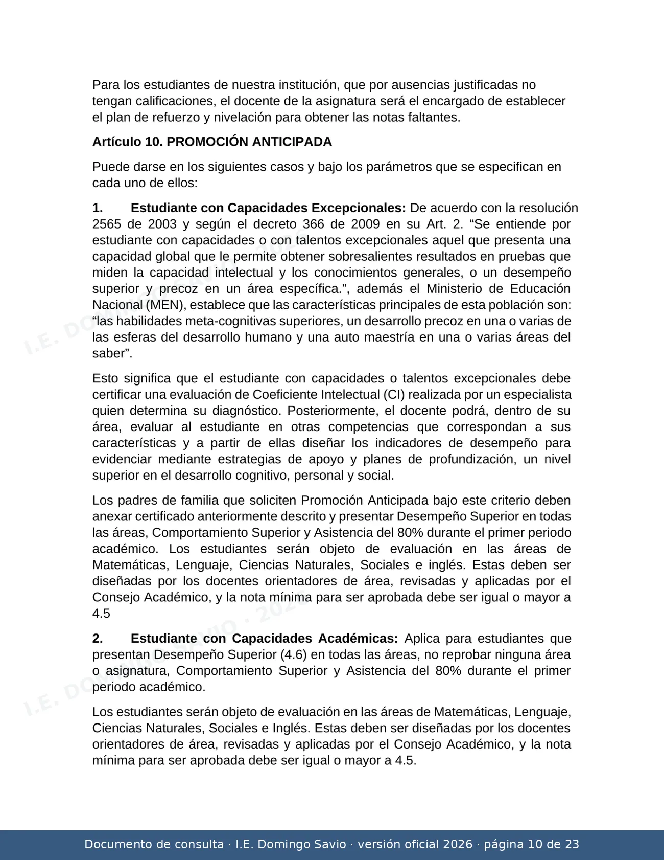 SIEE — Sistema Institucional de Evaluación de los Estudiantes 2026 — página 10 de 23