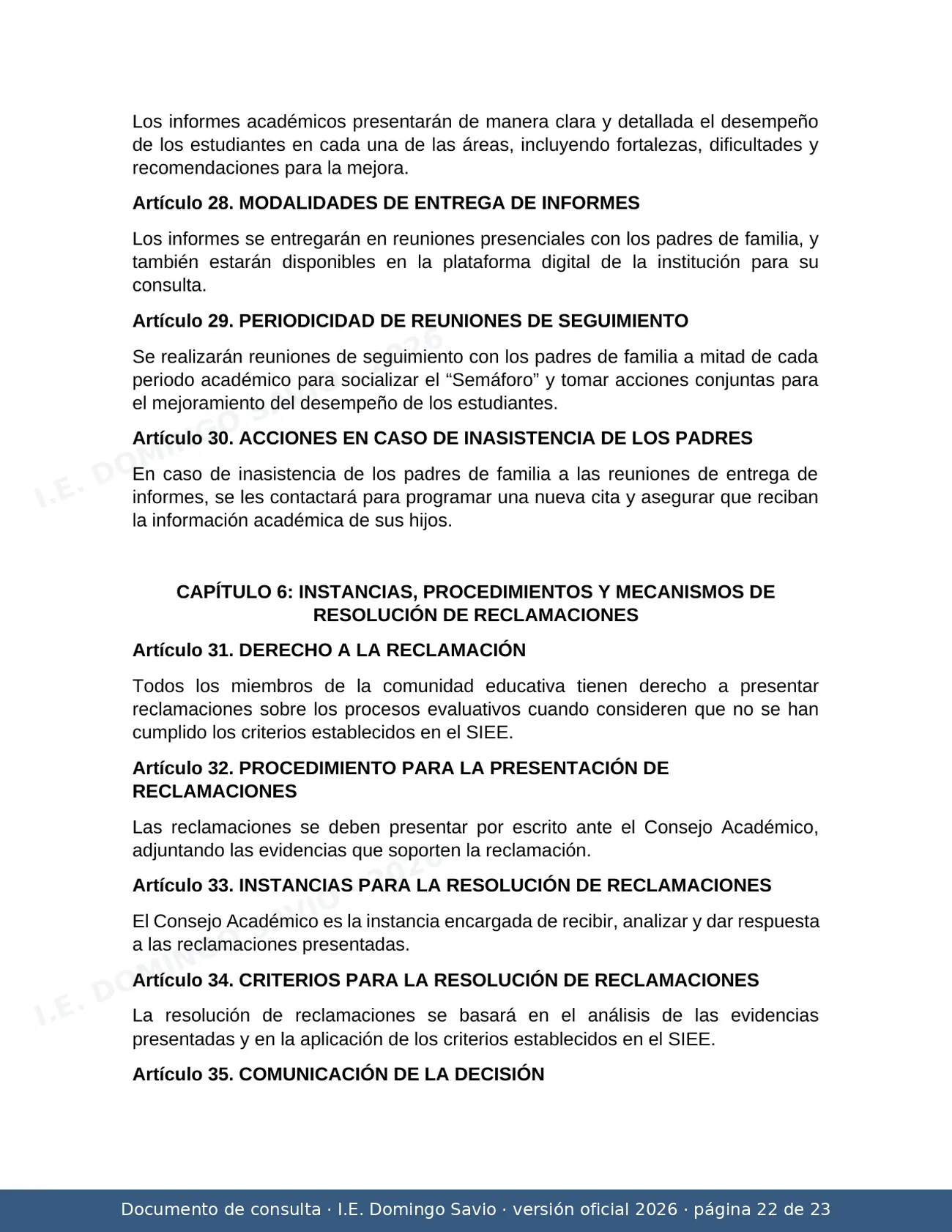 SIEE — Sistema Institucional de Evaluación de los Estudiantes 2026 — página 22 de 23